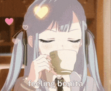 a girl is drinking a cup of coffee and the words feeling bonita are above her