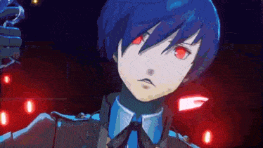 a close up of a person with blue hair and red eyes holding a key .