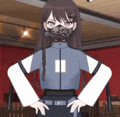 a girl is wearing a mask and standing with her hands on her hips .