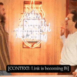 two men talking in front of a neon sign that says context link is becoming bi