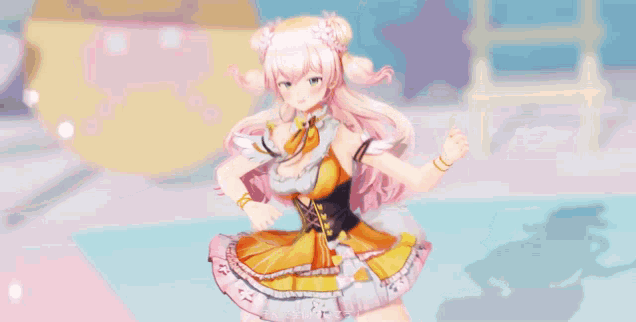 a girl with long pink hair is wearing a yellow and orange dress .