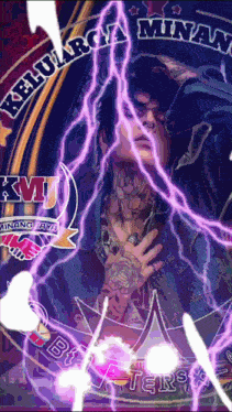 a man with a tattoo on his chest is surrounded by purple lightning and the words keluarga minan