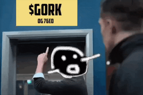 a man is pointing at a sign that says gork