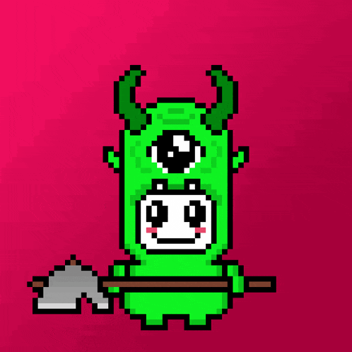 a pixel art of a green monster with horns