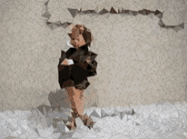 a low poly drawing of a woman standing in front of a wall