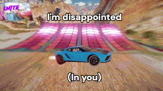 a blue car is driving down a road with the words i 'm disappointed ( in you ) below it