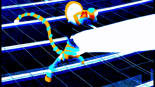 a cartoon character with a striped tail is standing on a grid