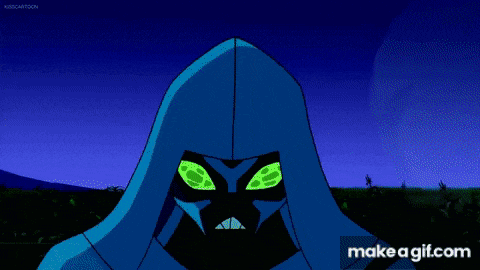 a cartoon character with glowing green eyes and a hood