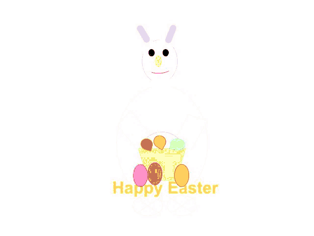 a drawing of a bunny with a basket of easter eggs and the words happy easter