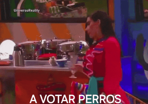 a woman in a red dress is standing in front of a counter with the words " a votar perros " written on it