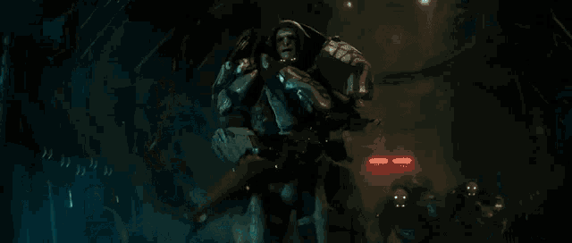 a woman in a futuristic outfit is running in a dark room