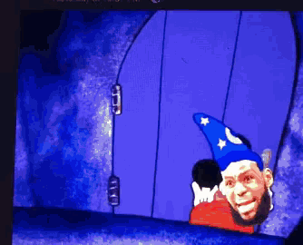 a cartoon of a man wearing a wizard hat and holding a mickey mouse