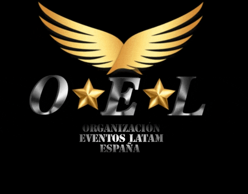 a logo for organizacion eventos latam espana with gold wings and stars