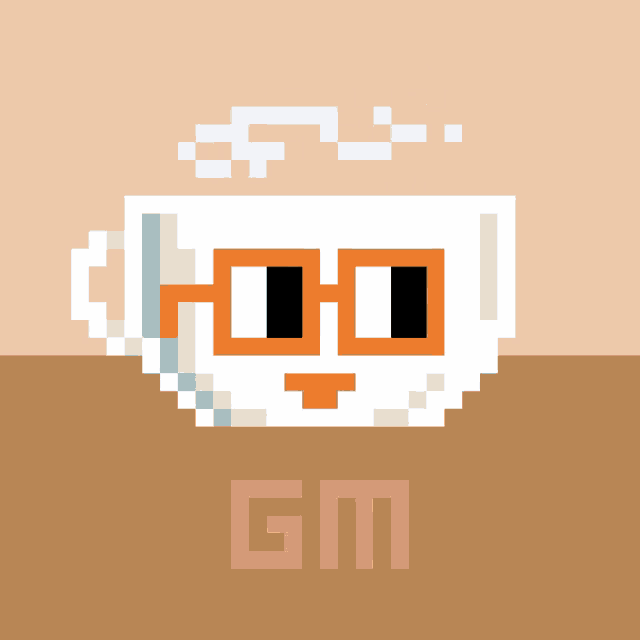 a pixel art of a cup of coffee with gm written on the bottom