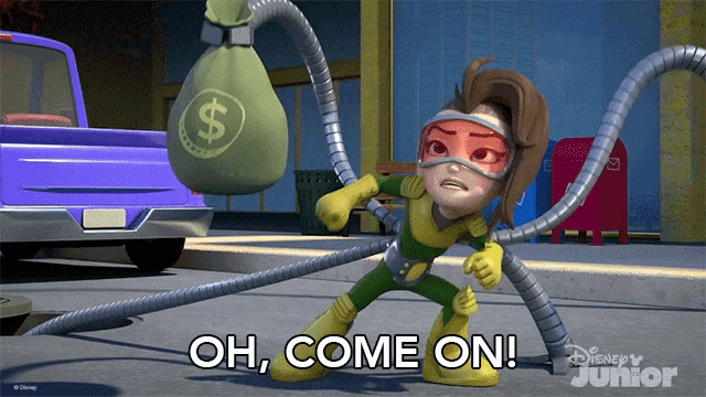 a cartoon character with a bag of money and the words oh come on