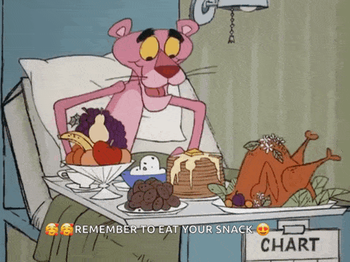 a pink panther is standing next to a tray of food and a sign that says chart