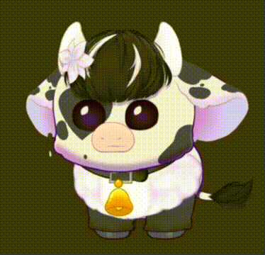 a black and white cow with purple eyes and a flower on its head .