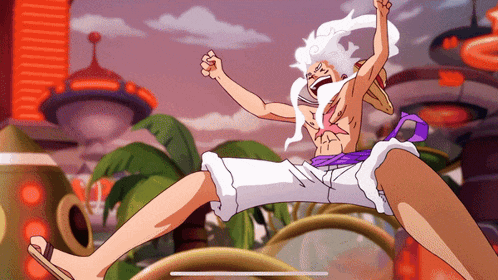 a cartoon drawing of a man with white hair and a purple sash around his waist