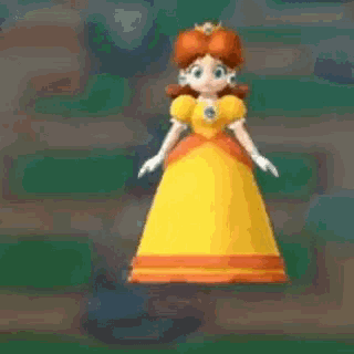 princess daisy is wearing a yellow dress and a crown while dancing in a video game .