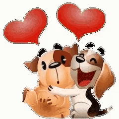 two cartoon dogs hugging each other with two hearts above them .