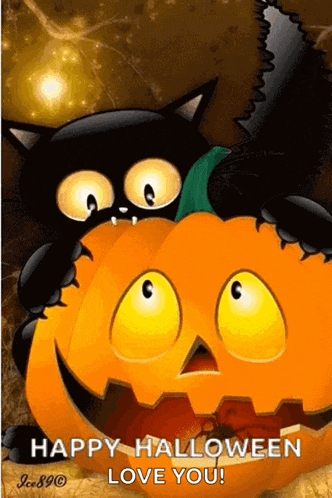 a black cat is sitting on top of a pumpkin with the words happy halloween love you