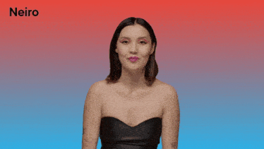 a woman wearing a black strapless top with pink lipstick and the name neiro on the bottom