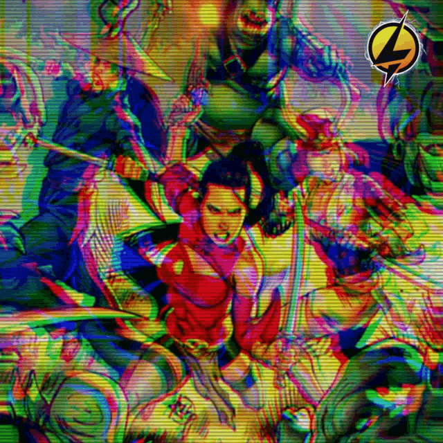 a painting of a group of people with a lightning bolt on the bottom right