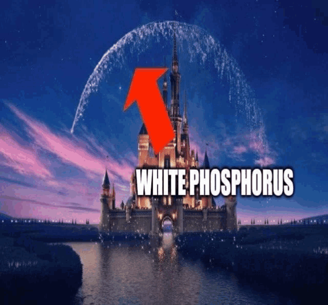 a picture of a castle with a red arrow pointing to it and the words white phosphorus above it