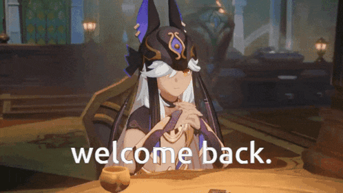 a video game character is sitting at a table with the words welcome back written below her
