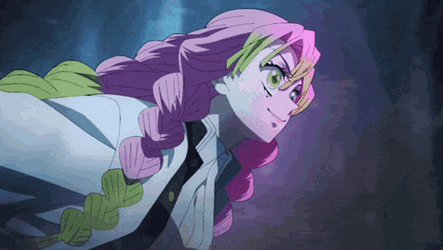 a girl with pink hair and green eyes is smiling