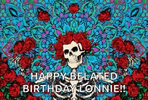 a skull with red hair is on a colorful background with roses .