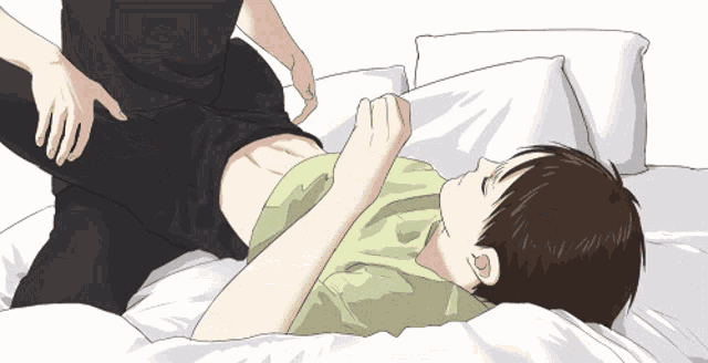 a drawing of a boy laying on a bed with his legs crossed