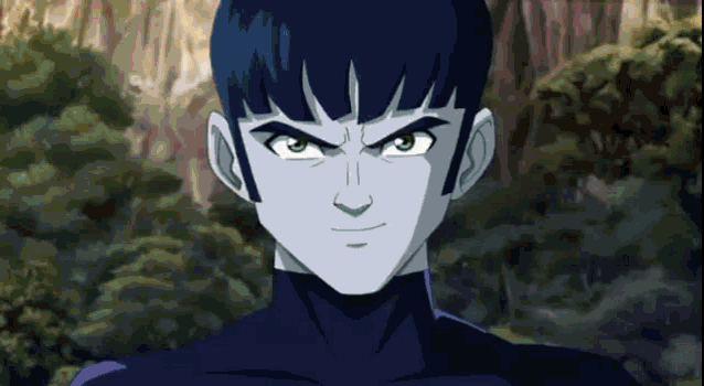 a cartoon character with black hair and green eyes