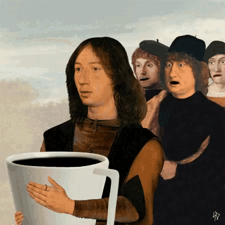 a painting of a man holding a cup of coffee with the letter p on it