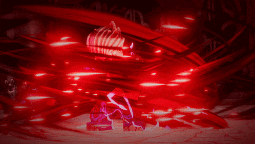 a cartoon character is surrounded by red lights and blood