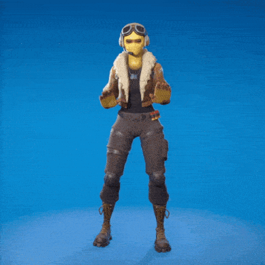 a cartoon character with a yellow face is wearing a helmet and goggles