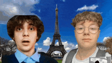two young men are standing in front of the eiffel tower in paris