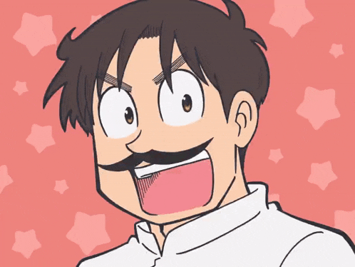 a cartoon drawing of a man with a mustache and his mouth open