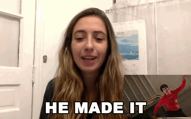 a woman says he made it in front of a picture of a man on a skateboard