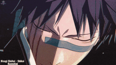a close up of a person 's face with hisashi shuhei written on the bottom right