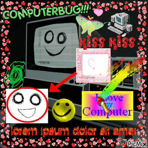 a computer bug with a smiley face and the words " i love my computer " on the bottom