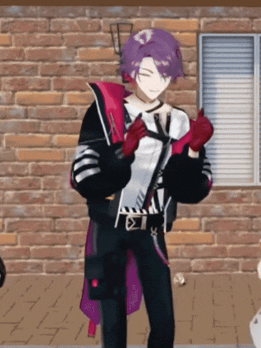 a man with purple hair is standing in front of a brick wall and giving a thumbs up sign