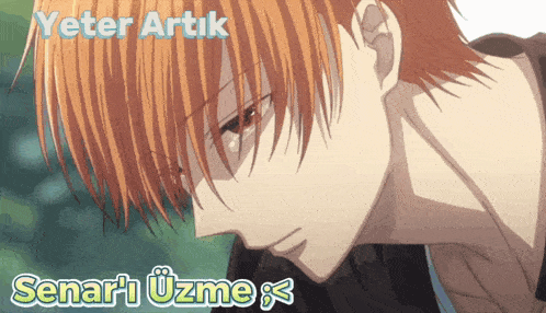 a close up of a man 's face with the words yeter artik senari uzme written below him