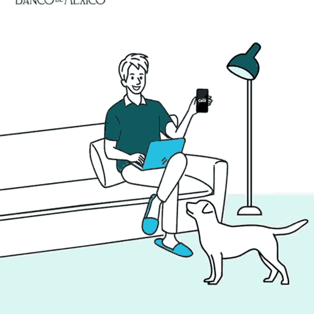 a man is sitting on a couch with a laptop and a dog and banco de mexico is written on the bottom
