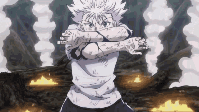a cartoon character with white hair is standing in front of smoke and fire