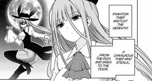 a black and white drawing of a girl with the words phantom thief mistcat the seventh on the bottom
