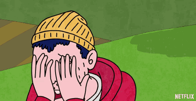 a cartoon of a person covering their face with their hands with a netflix logo behind them