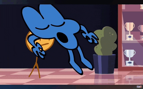a blue cartoon character is yawning next to a potted plant and trophies