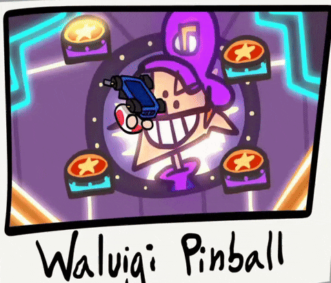 a cartoon drawing of waluigi pinball with a purple hat