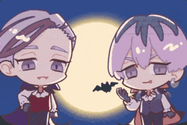 two vampires are standing next to each other with a bat in their hand